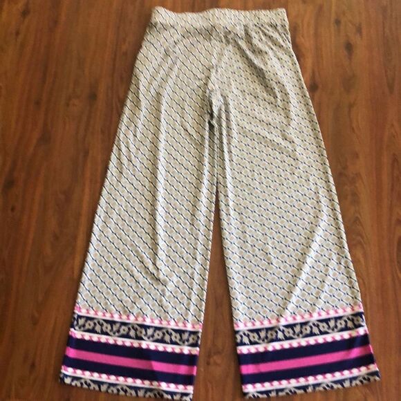 Hamptonite New York Beige, navy and pink wide leg flowy pants, size small - Picture 5 of 5